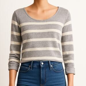Joie Sweater Womens Medium Cashmere Crop Gray Stripe Scoop Neck Long Sleeve